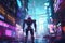 Cyberpunk soldier city patrol digital illustration of science fiction military robot warrior patrolling nighttime dystopian