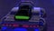 Cyberpunk Speed racing fake 3D Video game car in back. Cyberpunk fast game car with glowing purple and pink
