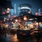 Cyberpunk street market bustling market stalls, neon signs, futuristic cityscape, vibrant energy