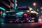 Cyberpunk style black car on street of city of future futurism neon light