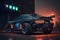 Cyberpunk style car on street of city of future, futurism, neon light. Sports car with big wheels. 3d illustration