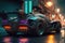 Cyberpunk style car on street of city of future, futurism, neon light. Sports car with big wheels. 3d illustration