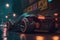 Cyberpunk style car on street of city of future, futurism, neon light. Sports car with big wheels. 3d illustration