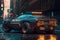 Cyberpunk style car on street of city of future, futurism, neon light. Sports car with big wheels. 3d illustration