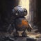 Cyberpunk Style Cute Grey and Orange Robot walking down an Alleyway in a Post-apocalyptic Dystopian World