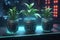 cyberpunk three pots of glowing plants on the board generative AI