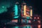 Cyberpunk town, futuristic city at evening, dystoptic artwork, 4k wallpaper. Digital illustration. Generative AI
