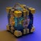 Cyberpunk Translucent Cube shaped Quantum Processor with Vibrant Colors and Blue-Orange Glowing Circuitry