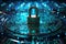 Cybersecurity concept with binary code symbolism is depicted by a blue keylock