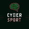 Cybersport text icon with virtual reality glasses B on circuit board background