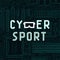 Cybersport text icon with virtual reality glasses B on circuit board background