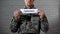 Cyberwar word written on sign in hands of male soldier, information security
