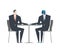 Cyborg and businessman talks. Robot and man at table. Artificial