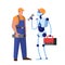 Cyborg character working with man. Robot plumber