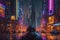 Cyborg in a half-ruined cybercity, Cyberpunk city illustration, generative AI