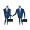 Cyborg handshake. Robot businessman talks. Artificial Intelligence. Vector illustration