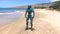 Cyborg, humanoid robot at beach with sea and mountains in the background, mechanical android, 3D render