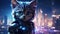 Cyborg kitten robot against the night city
