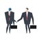 Cyborg and man handshake. Robot and businessman contract. Artificial Intelligence. Vector illustration