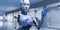 Cyborg Robot 3d render blurred background. RPA Automation AI