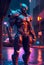 Cyborg robot standing in city night digital art