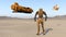 Cyborg worker with drone looking at flying spaceship, humanoid robot with spacecraft exploring deserted planet, mechanical android