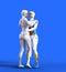 Cyborgs` friendship, futuristic women in white suit on blue background, 3d illustration