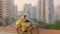 Cycling businessman speeds through city on bicycle, blurred motion adventure generated by AI