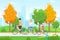 Cycling family members flat illustration. Rest together, healthy lifestyle, autumn walk, holiday activity concept