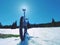 Cycling on large tyres in fresh snow. Biker goes by bike on the snowy road