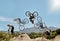 Cycling, mountain bike and jump for sports speed trick in training adventure outdoors. Exercise bike, freedom and