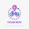 Cycling route: bicycle with pointer and arrow for direction. Thin line icon for travel tour. Modern vector illustration