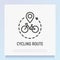 Cycling route: bicycle with pointer and arrow for direction. Thin line icon for travel tour. Modern vector illustration
