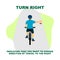 Cycling rules for traffic safety, turn right bicycle hand signals.