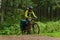 Cycling tourist crosses a ravine in a spruce forest