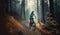 cycling woman forest walking bicycle sport sunset active summer dark bike. Generative AI.