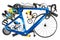 Cyclist athlete and bicycle frame with many bike parts from mountain bike road racing downhill enduro and freestyle dirt jump.