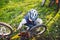 Cyclist boy Bike repair. little boy fixing his bike. Children mechanics, bicycle repair profession. Learning about cycles and