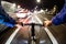 Cyclist drives on the bike path past the traffic jam