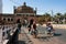 Cyclist drives past the famouse gateway in India