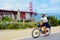 Cyclist in the Golden Gate Bridge in San Francisco, CA