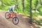 A cyclist in a helmet descends from the mountain on an orange bicycle, motion blur