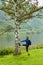 The cyclist in the helmet near the tree. Germany. Moselle