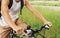 Cyclist man holding handlebar of mountain bike