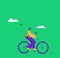 A cyclist man rides down the street with coffee and music - a serene morning. Vector illustration in flat style, big man