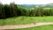 Cyclist man riding electric mountain bike outdoors along grassy trail in the mountains.