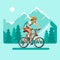 Cyclist in the mountains. Man dressed in sports clothes and helmet on the bicycle. Flat vector illustration.