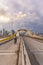 Cyclist on the New Cherry Street South Bridge in the Port lands at sunset