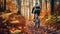 A cyclist pushes his bike through the hills in the autumn forest. 8K, close up, Back View