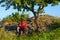 Cyclist in Red Jacket and Helmet Resting near Mountain Bike on Rocky Hill under Beautiful Green Tree. Adventure and Travel Concept